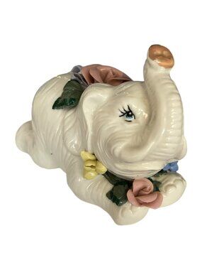 Vintage White Elephant Porcelain Figurine with Applied Roses Trunk Up Floral Acc
